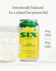 SIX sparkling lemonade can with green and yellow design on a white background, 4mg of thc, 8mg of cbg