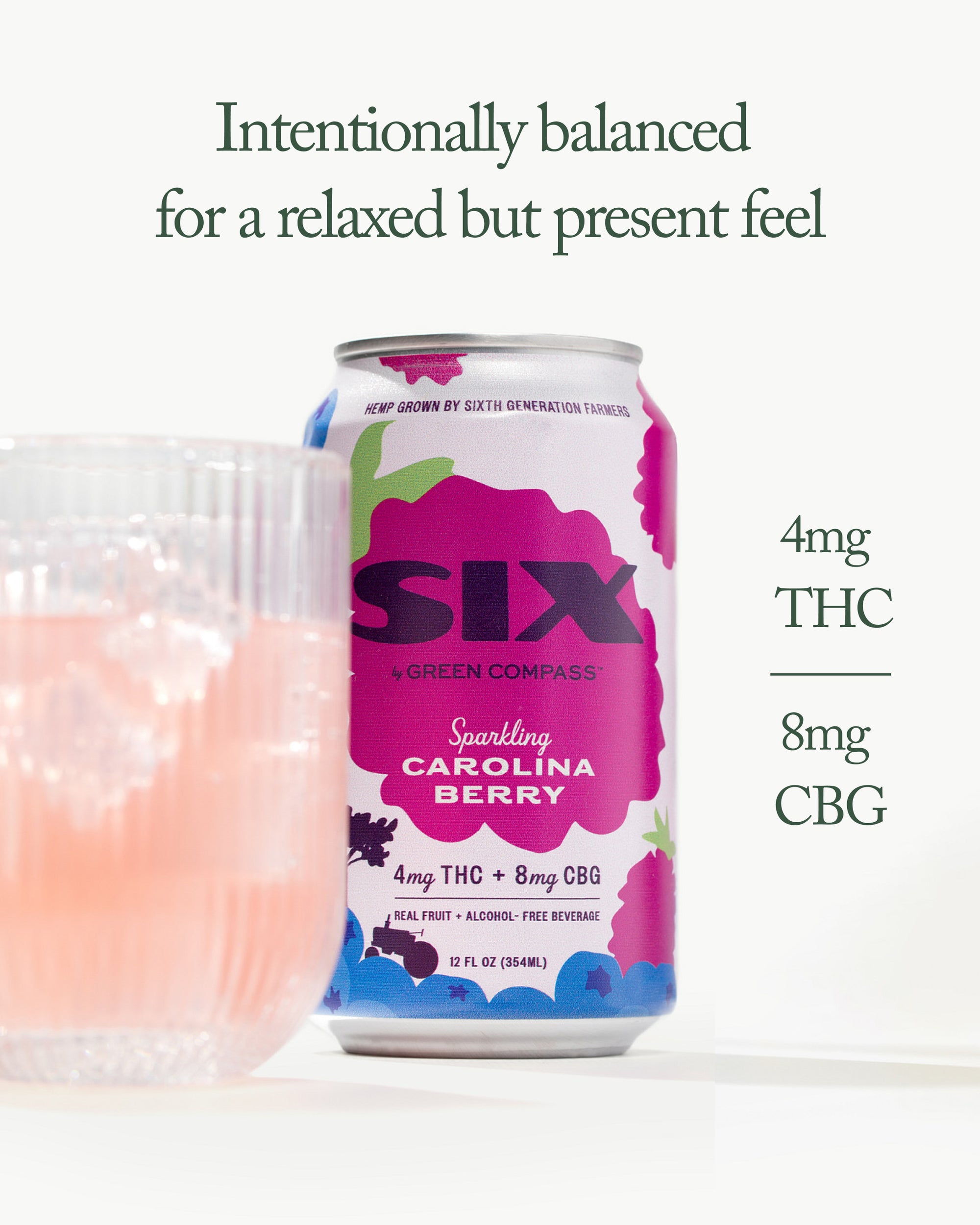 SIX sparkling Carolina Berry can with a glass of ice with carolina berry six drink with text displaying 4mg THC and 8mg CBG on a white background