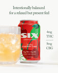 Red can of SIX sparkling cherry lime beverage with text about 4mg THC and 8mg CBG content on a white background with a glass of ice with sparking cherry lime
