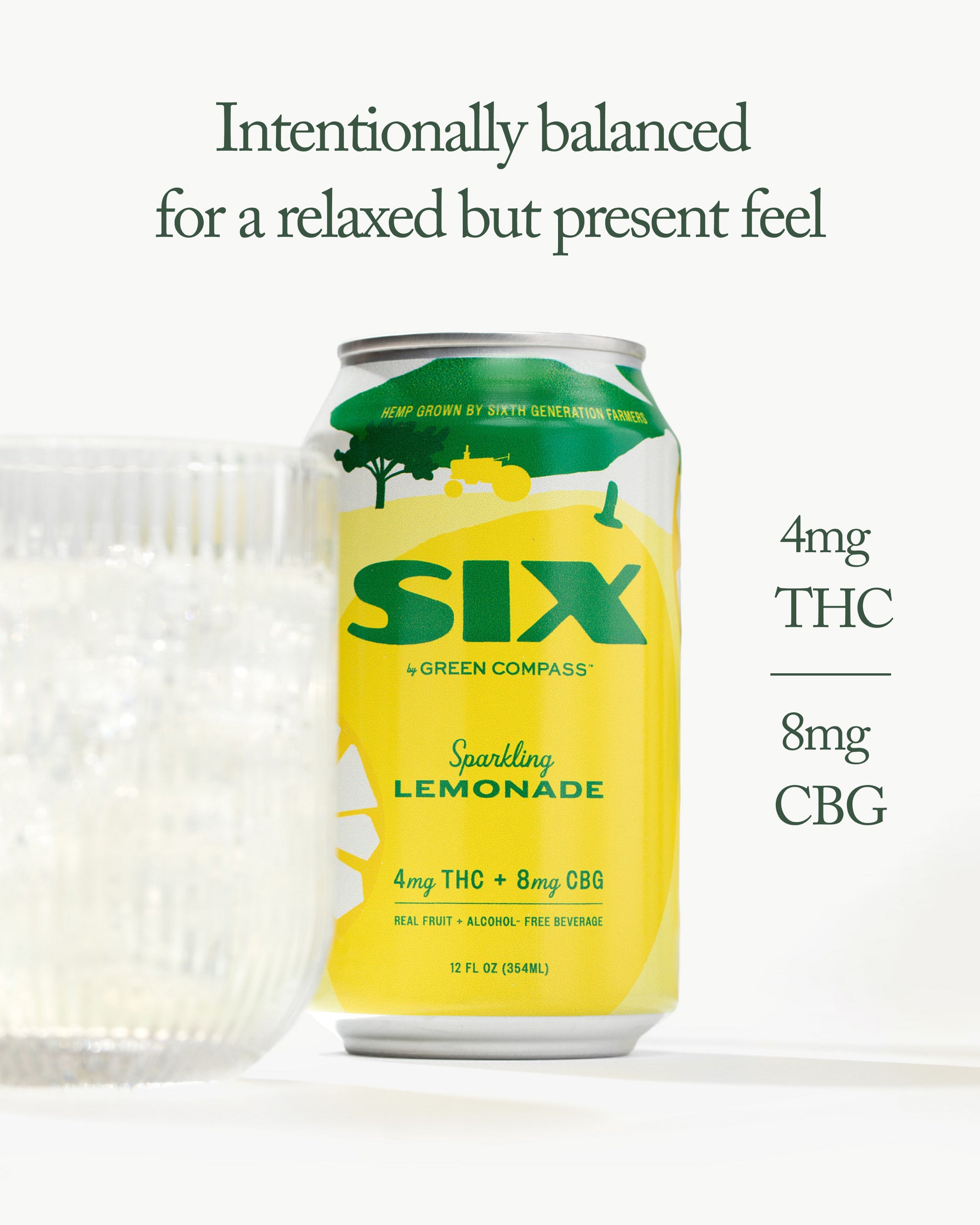 SIX sparkling lemonade can with green and yellow design on a white background, 4mg of thc, 8mg of cbg