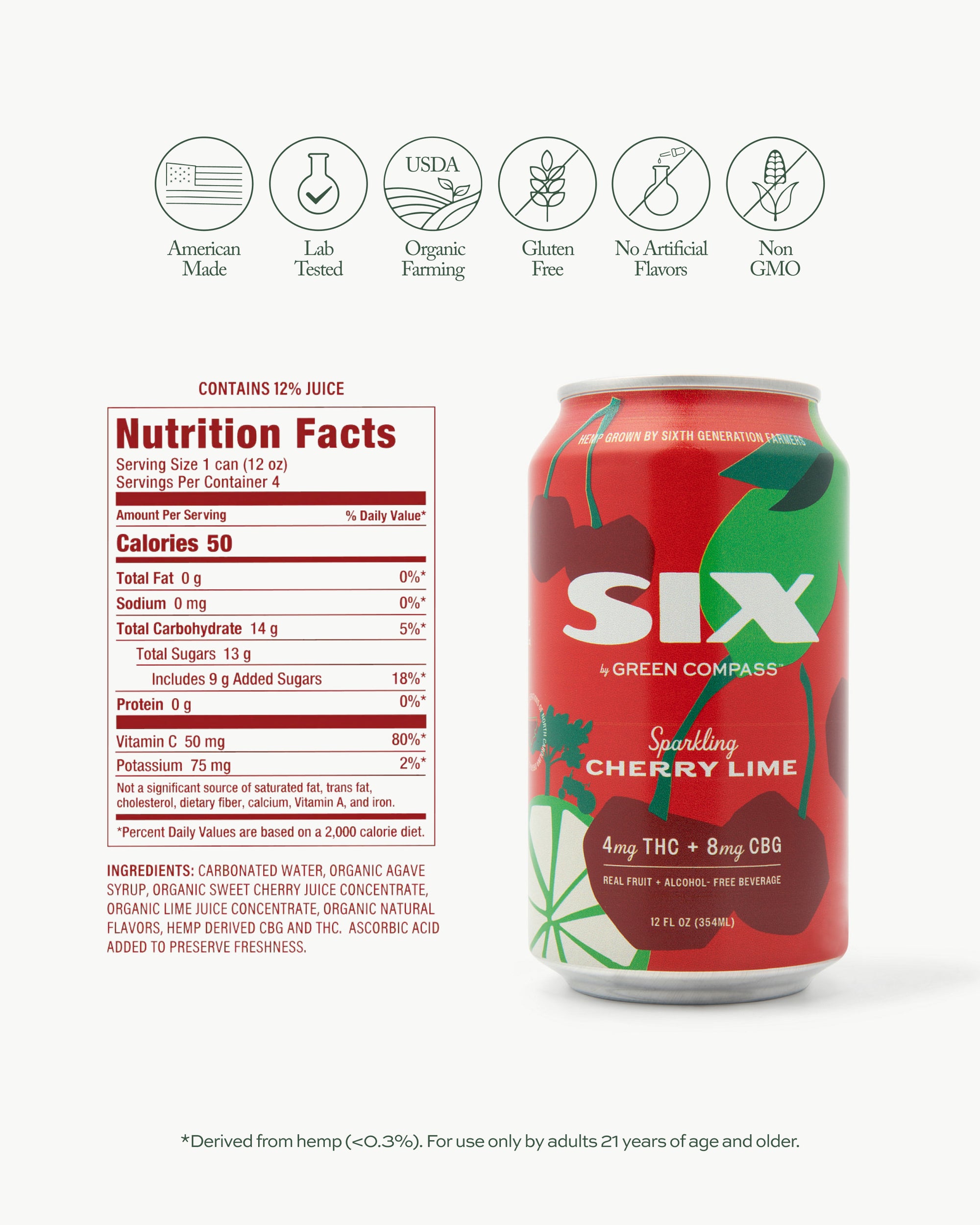 Red can of SIX sparkling cherry lime drink with nutrition facts label on a white background