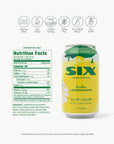 Can of SIX sparkling lemonade with nutrition facts label on a white background