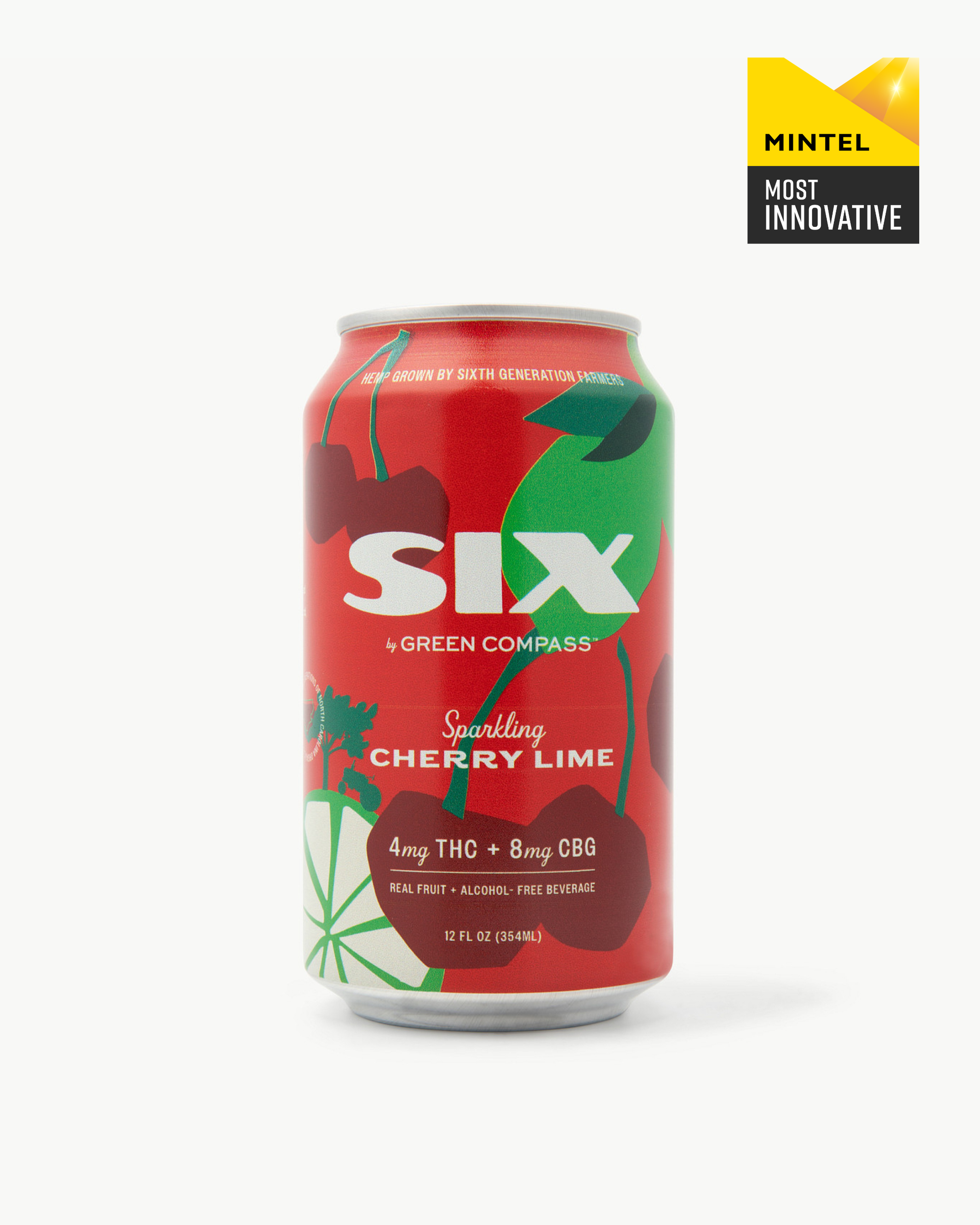 Red can of SIX by Green Compass sparkling cherry lime drink on a white background with a badge in the top right displaying a mintel most innovative award