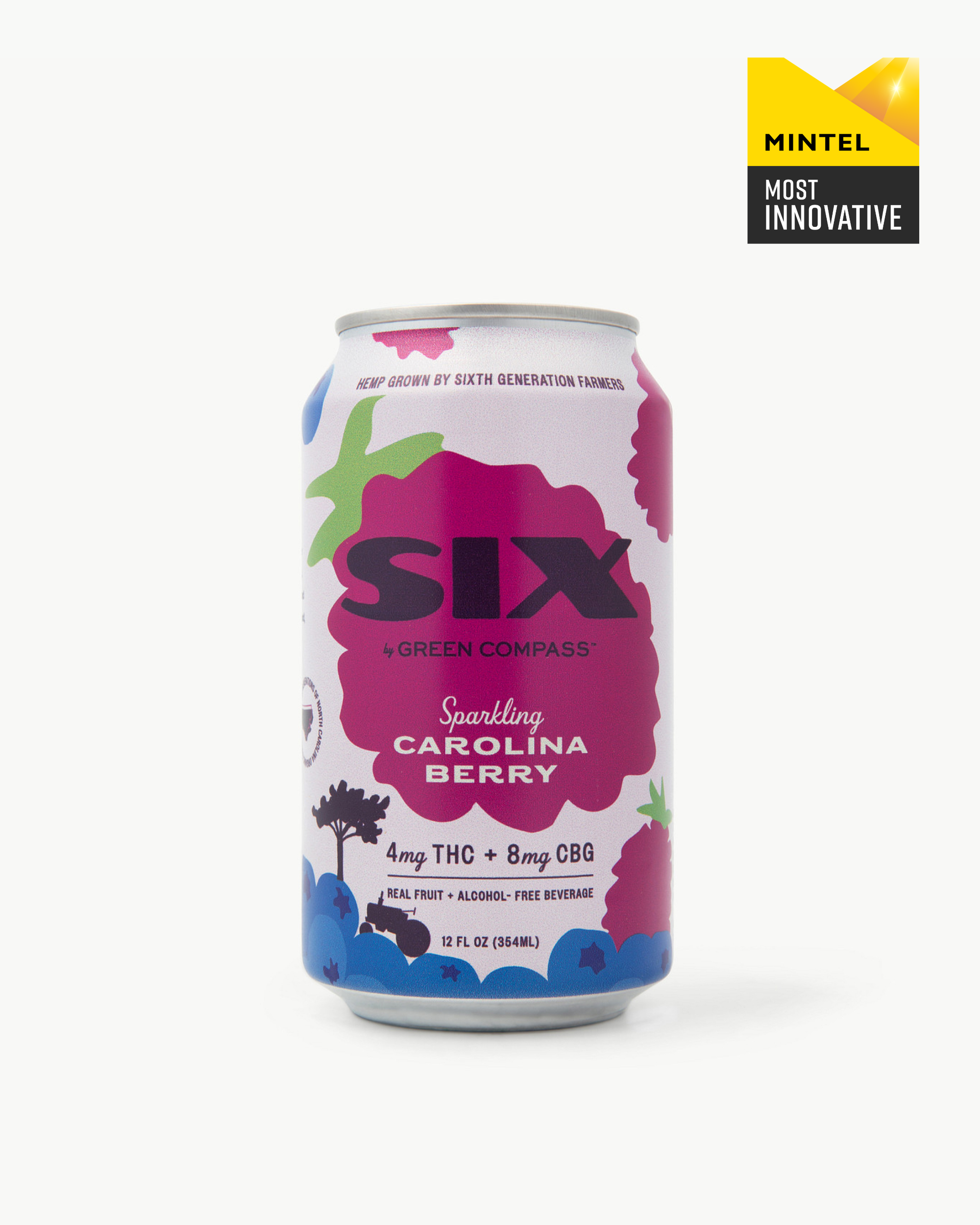 SIX sparkling Carolina Berry can on a white background with a badge in the top right corner displaying the mintel most innovative award