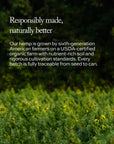 Hemp plants with text about responsible hemp farming on a blurred green background