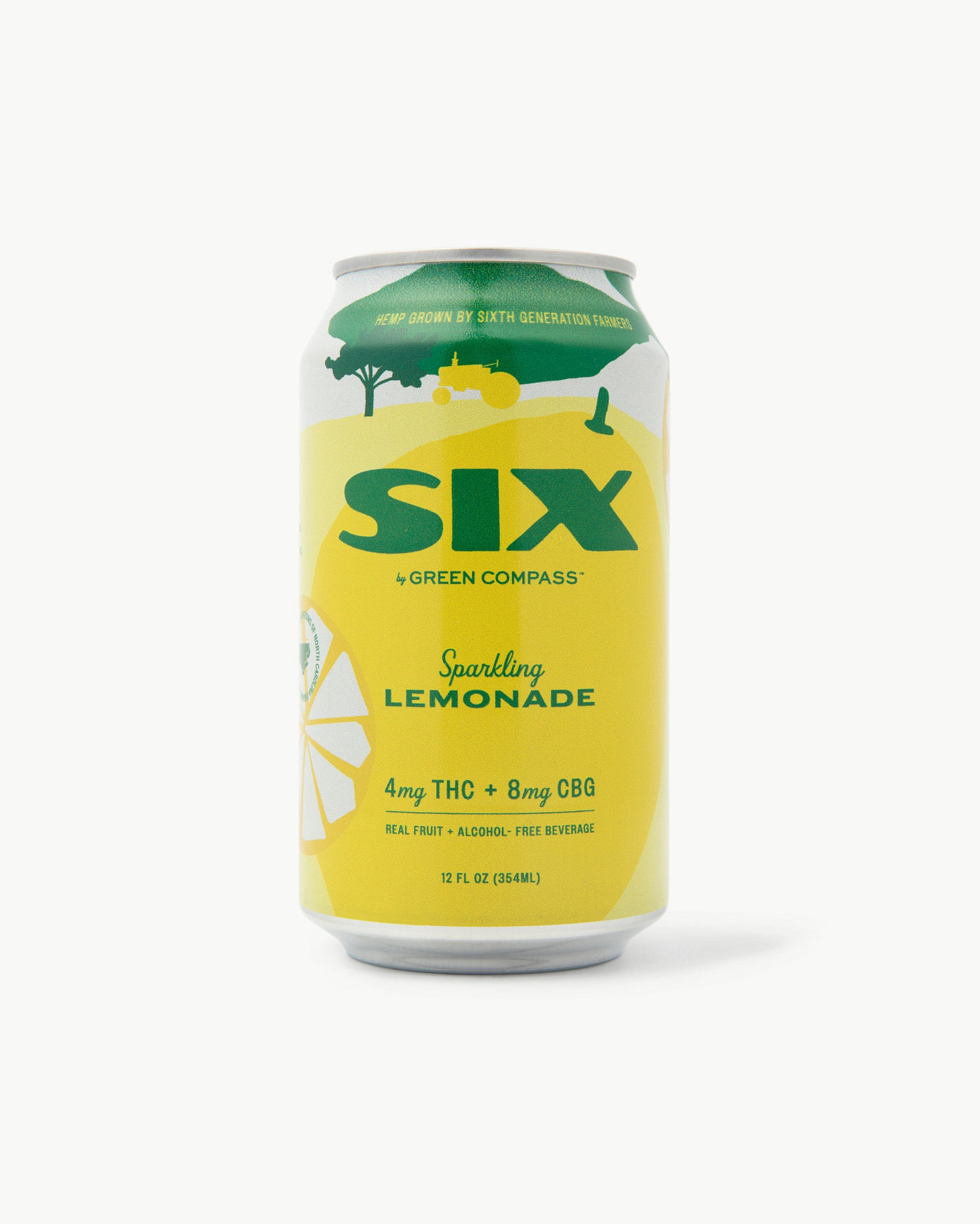 Yellow can of SIX sparkling lemonade on a white background