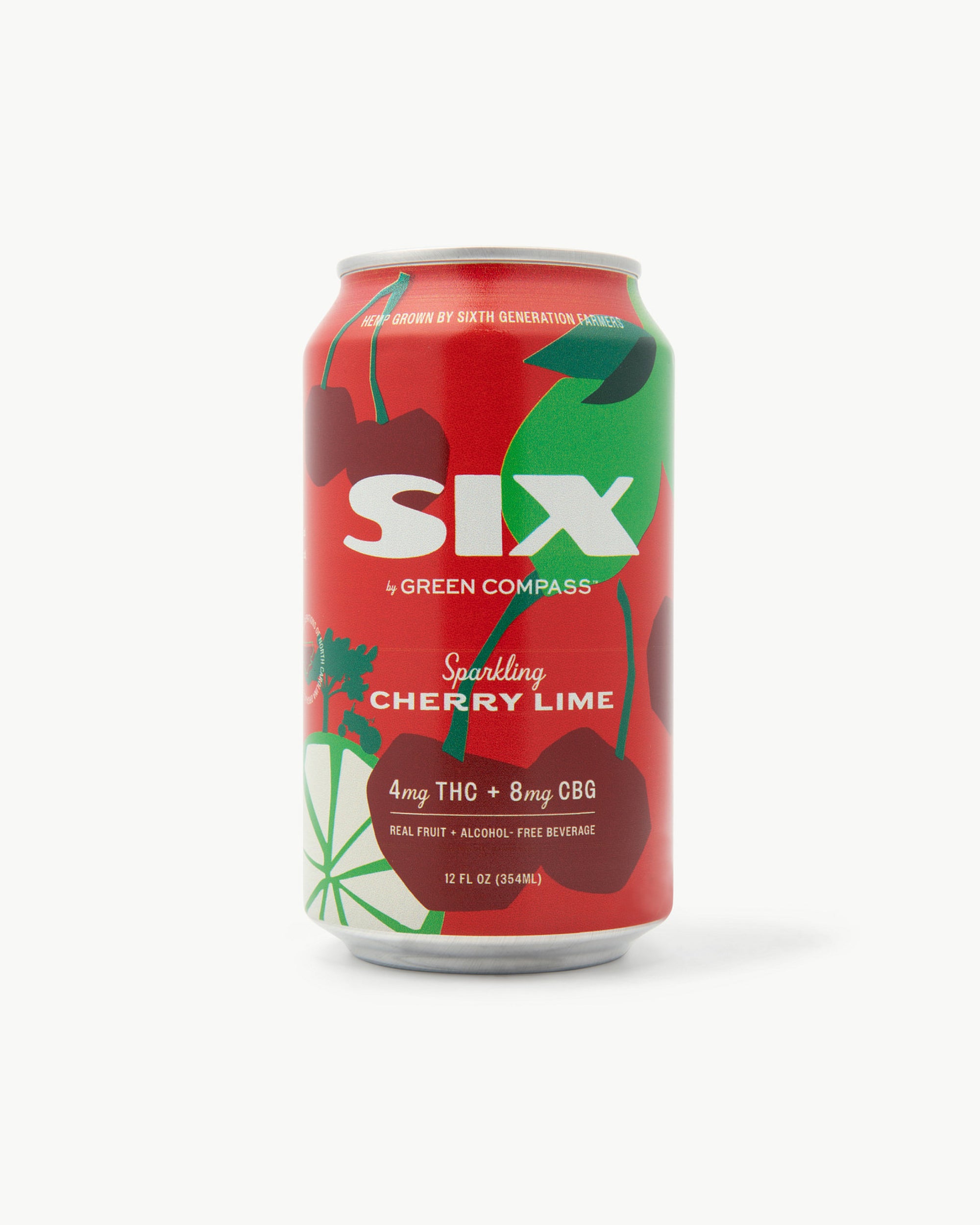 Red can of SIX by Green Compass sparkling cherry lime drink on a white background
