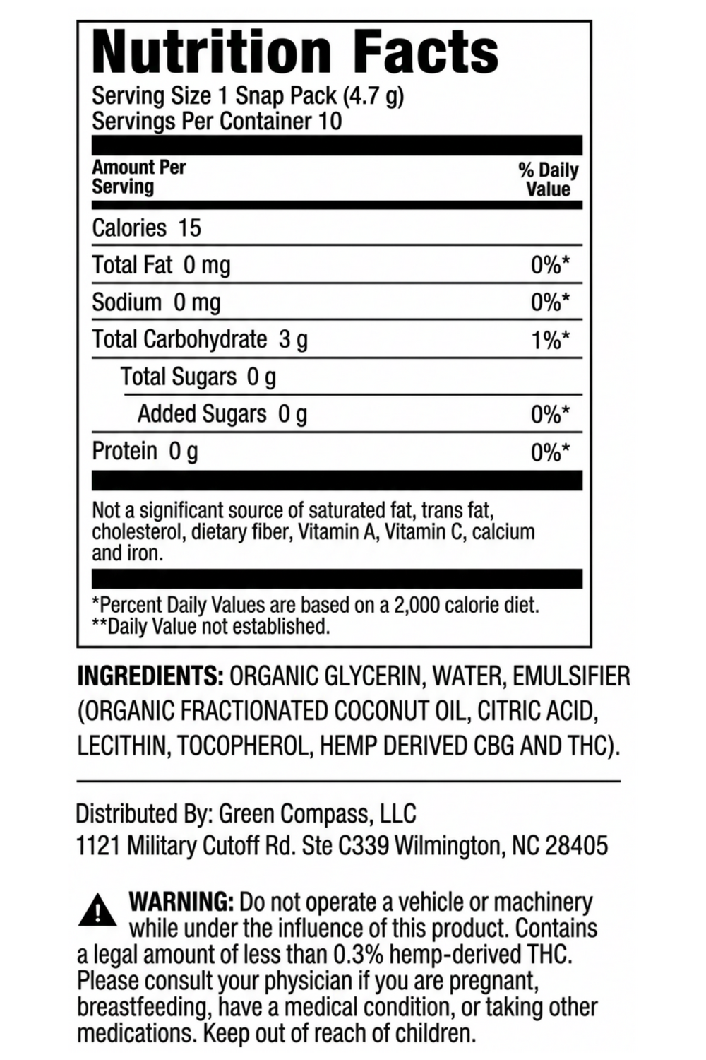 SIX Snaps Drink Drops (10-Count) supplement label