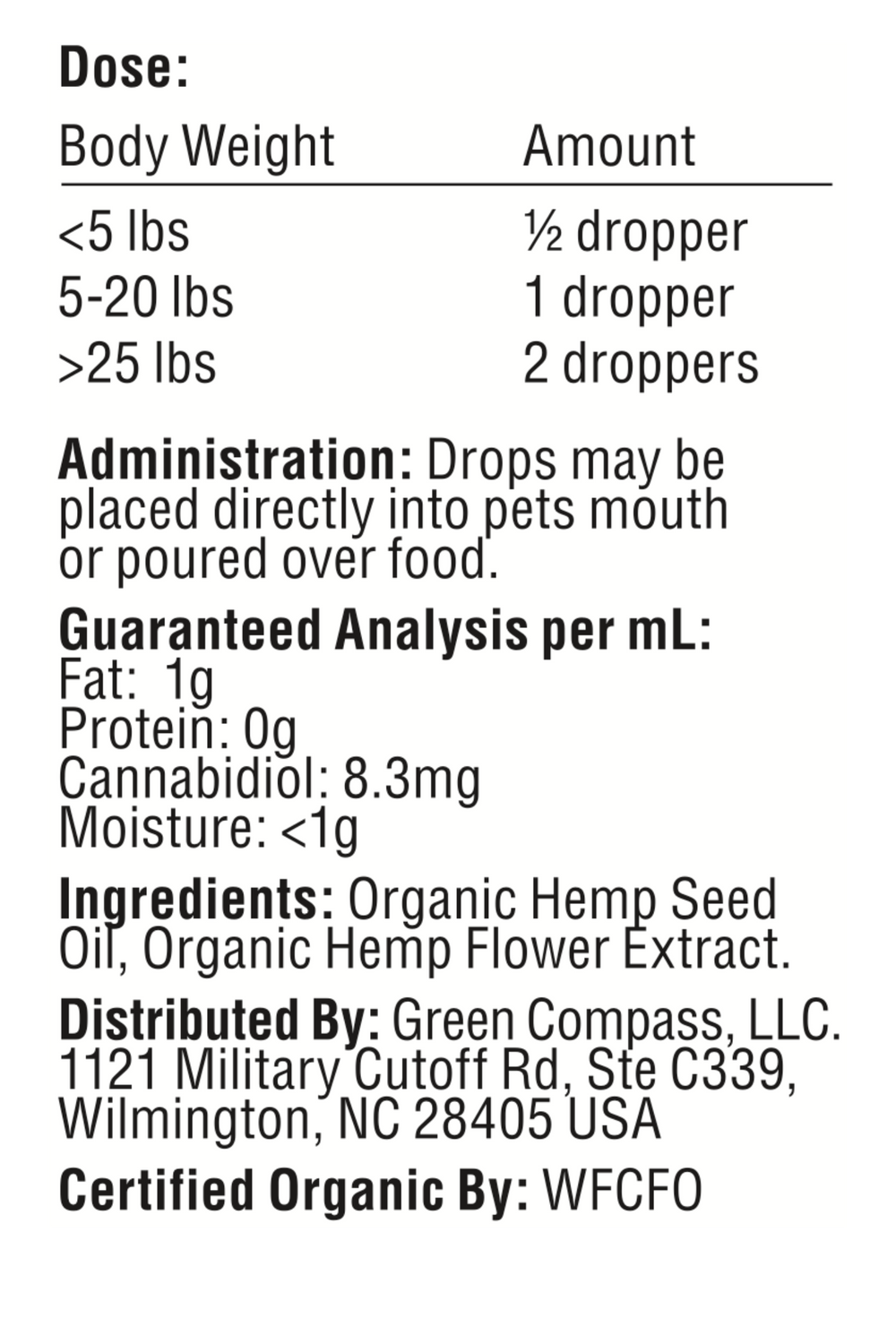 Organic Pet Tinctures supplement label