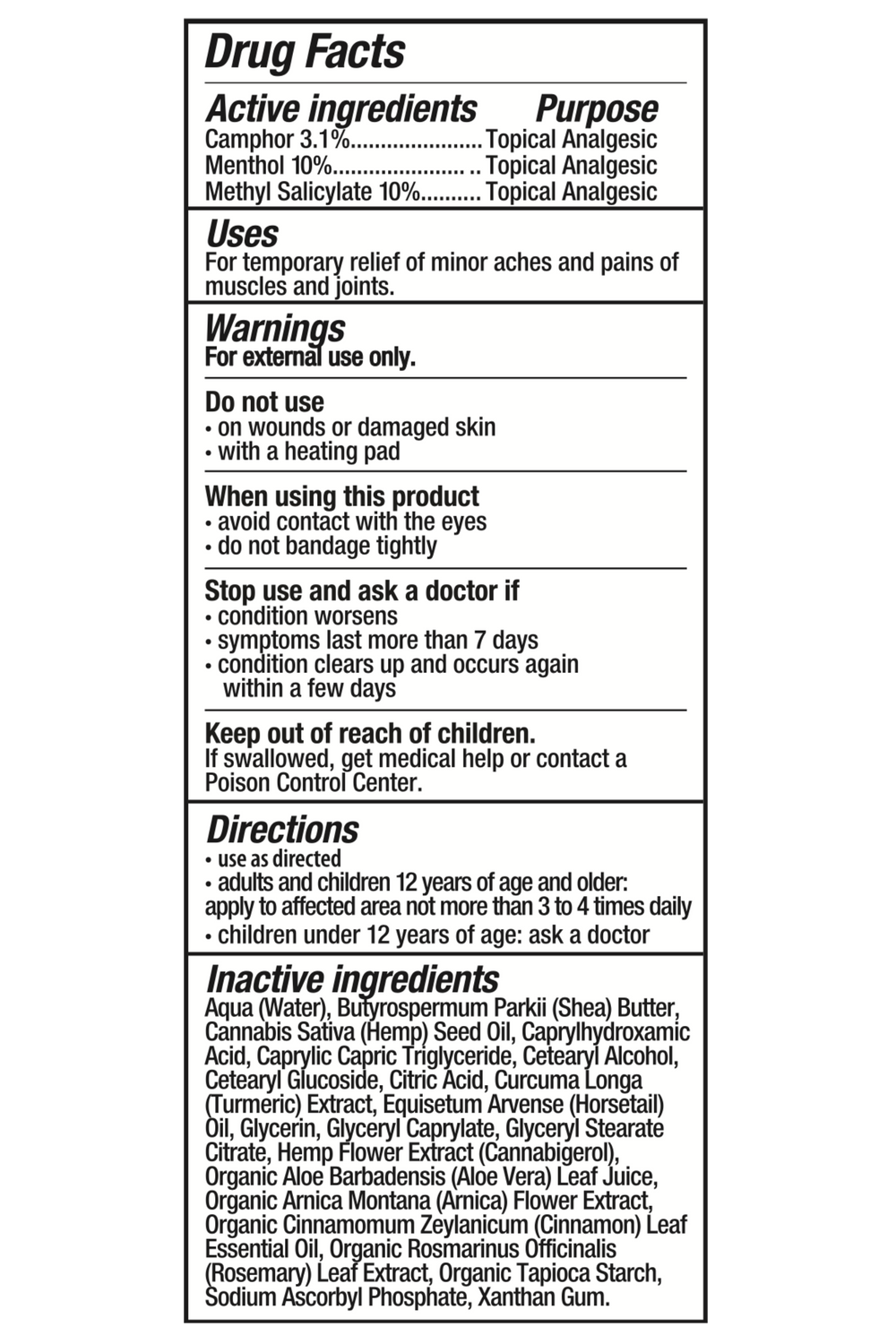 Reduce Topical Pain Cream supplement label